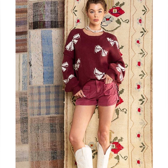 52. CLEARANCE LAST 1! POL Oversized Rib Green bowtie bead bow slouchy sweater - Picture 2 of 9